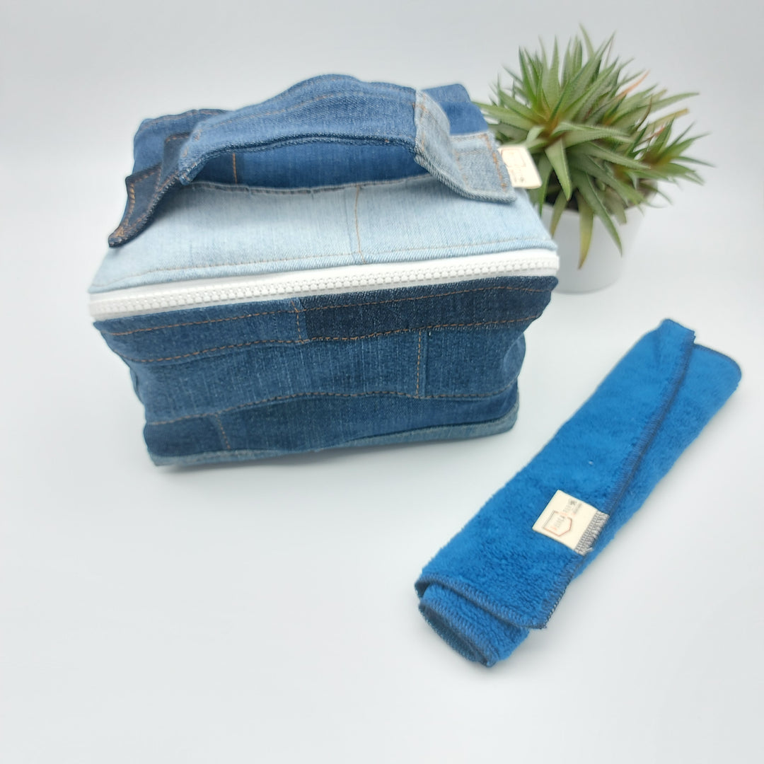 Trousse de toilette - grand carré - denim bleu - intérieur bleu