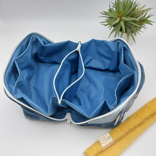 Trousse de toilette - grand carré - denim bleu - intérieur bleu