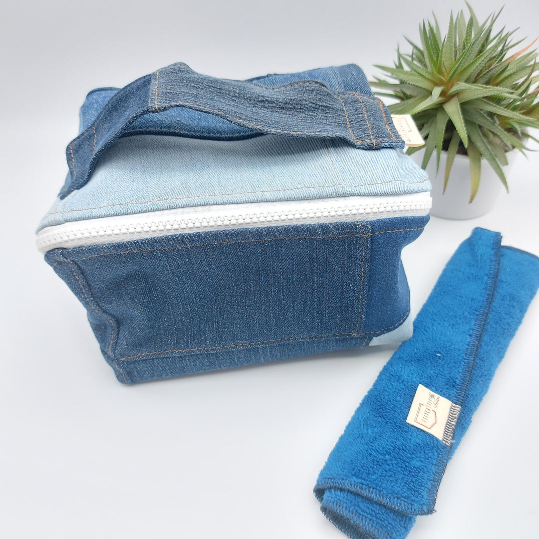 Trousse de toilette - grand carré - denim bleu - intérieur bleu