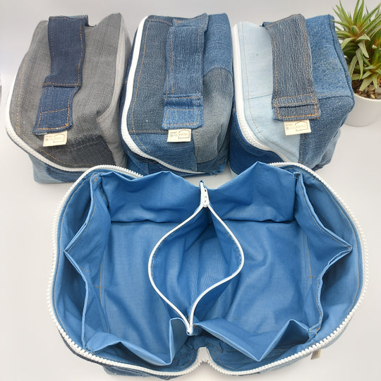 Trousse de toilette - grand carré - denim bleu - intérieur bleu