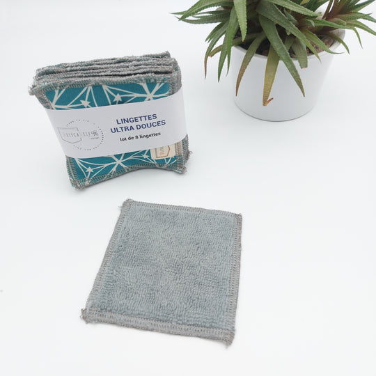 Lingettes démaquillantes lavables - lot de 8 - turquoise - bambou anthracite